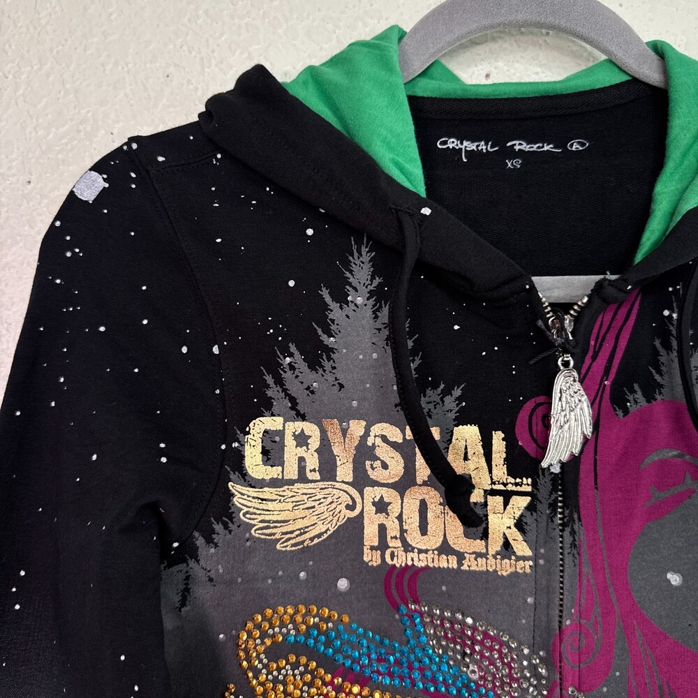 Christian Audigier Y2K Jacket Womens XS Crystal Rock Rhinestone Hair Hoodie NEW - Picture 4 of 12